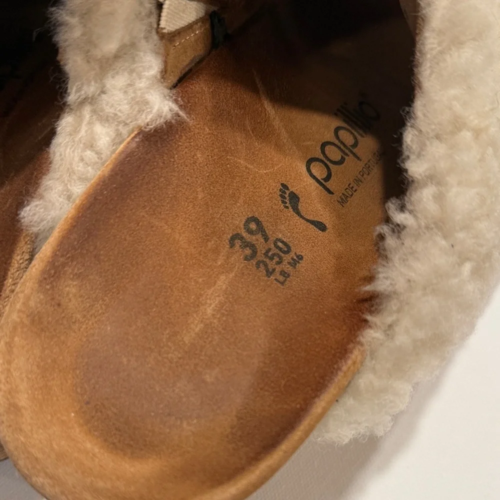 Papillio Shearling Slide Sandals in Cream and Tan